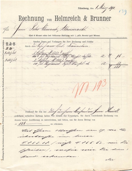 Alte Rechnung,"Helmreich & Brunner, Nürnberg" 06.03.1890