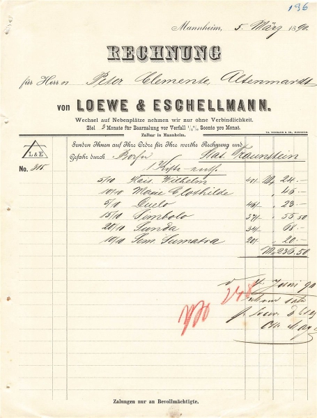 Alte Rechnung,"LOEWE & ESCHELLMANN, Mannheim" 05.03.1890