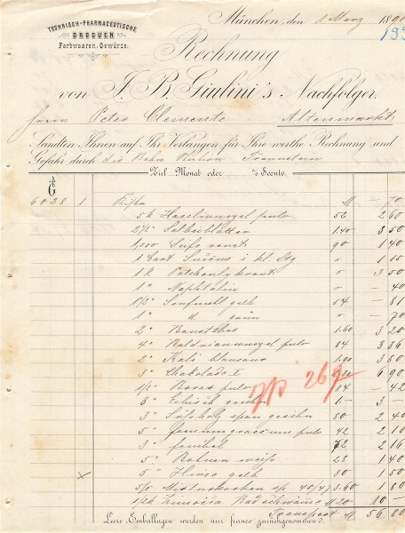 Alte Rechnung,"F.B.Giulini's Nachfolger, München" 01.03.1890