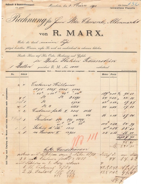 Alte Rechnung,"R. MARX., Mannheim" 03.03.1890