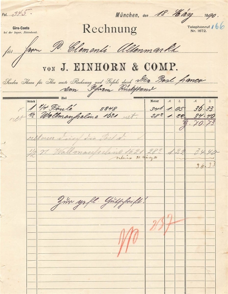 Alte Rechnung,"J. EINHORN & COMP., München" 18.03.1890