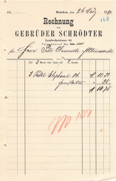 Alte Rechnung,"GEBRÜDER SCHRÖDTER, München" 26.03.1890