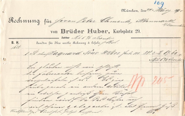 Alte Rechnung,"Brüder Huber, München" 24.03.1890