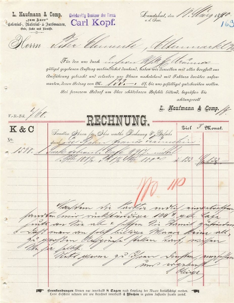 Alte Rechnung,"L. Kaufmann & Comp., Landshut" 18.03.1890