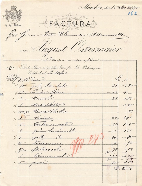 Alte Rechnung,"August Ostermaier, München" 15.03.1890