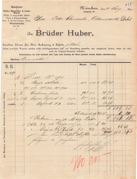 Alte Rechnung,"Brüder Huber, München" 14.03.1890