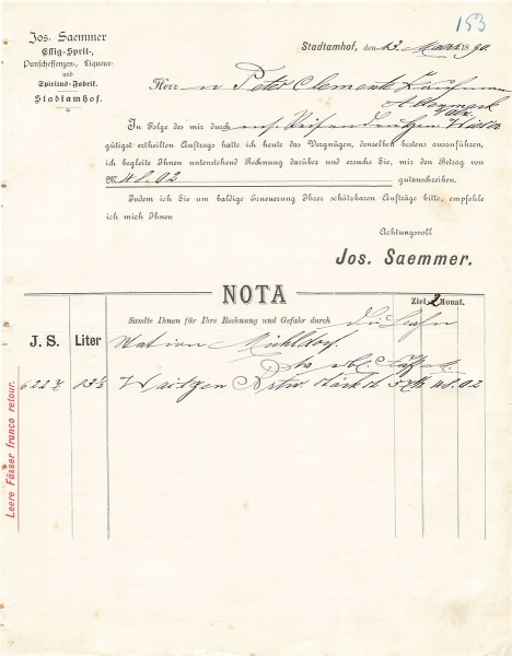 Alte Rechnung,"Jos. Saemmer, Stadtamhof" 13.03.1890