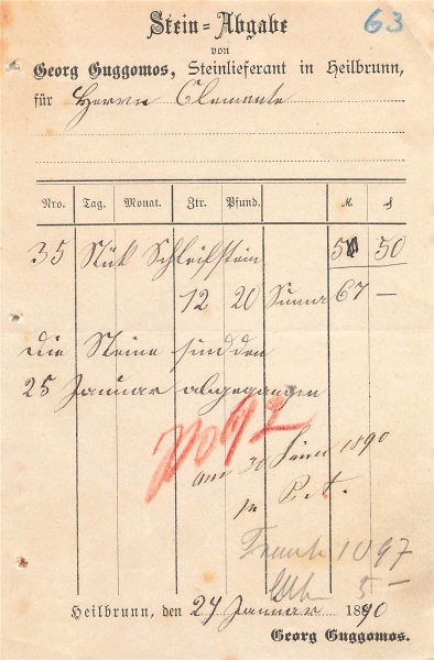 Alte Rechnung,"Georg Suggomos, Heilbrunn" 24.01.1890