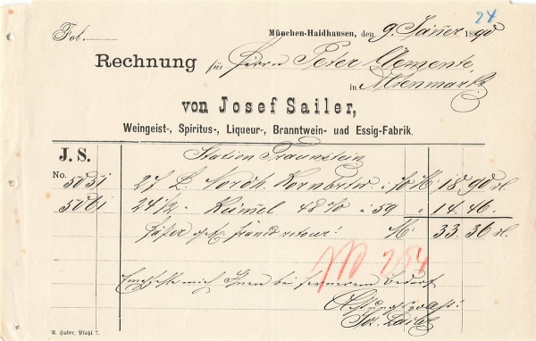 Alte Rechnung,"Josef Sailer, München" 09.01.1890