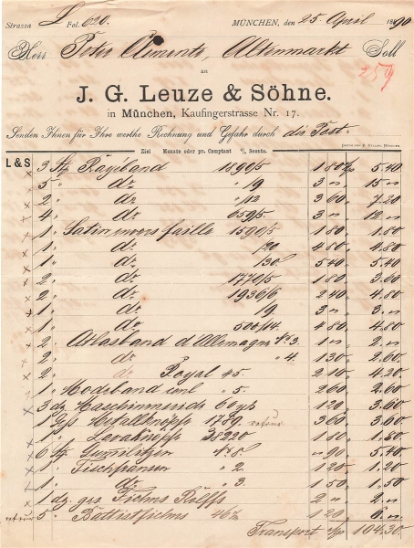 Alte Rechnung,"J. G. Leuze & Söhne, München" 25.04.1890