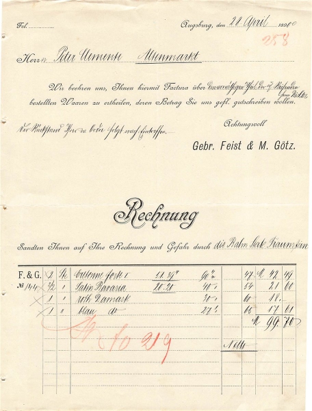 Alte Rechnung,"Gebr. Feist & M. Götz, Augsburg" 28.04.1890