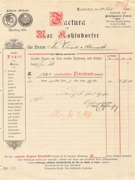 Alte Rechnung,"Mar Kohlndorfer, Landshut" 18.04.1890