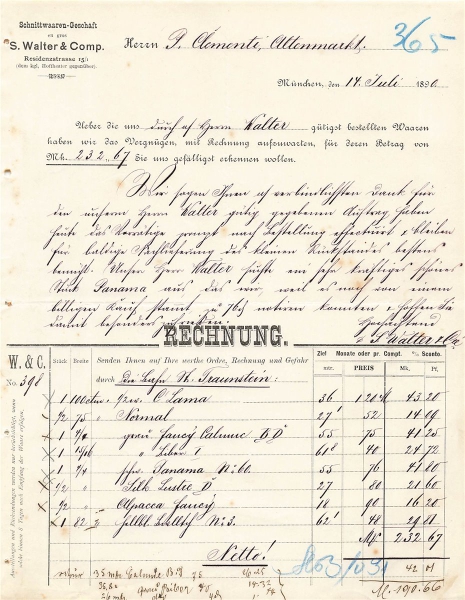 Alte Rechnung,"S. Walter & Comp, München" 14.07.1890