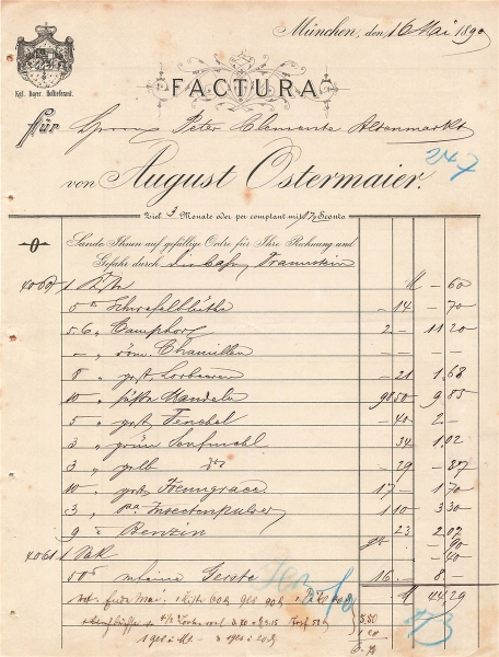 Alte Rechnung,"August Ostermaier, München" 16.05.1890