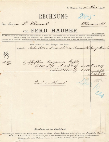 Alte Rechnung,"FERD. HAUBER, Heilbronn" 16.05.1890