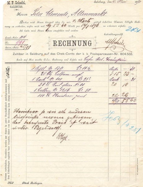 Alte Rechnung,"M. F. Scheibl, Salzburg" 13.05.1890