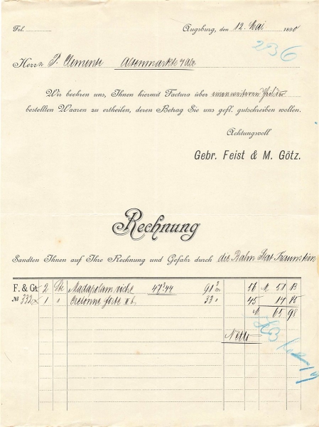 Alte Rechnung,"Gebr. Feist & M. Götz, Augsburg" 12.05.1890