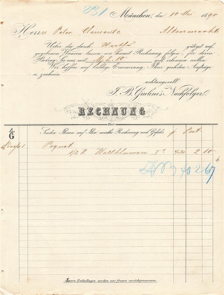 Alte Rechnung,"F.B.Giulini's Nachfolger, München" 10.05.1890