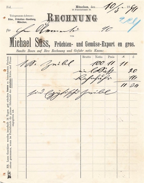 Alte Rechnung,"Michael Süss, München" 10.05.1890