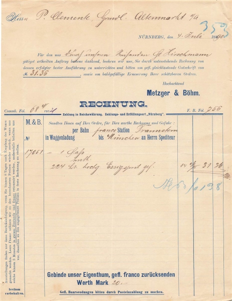Alte Rechnung,"Metzger & Böhm, München" 25.04.1890