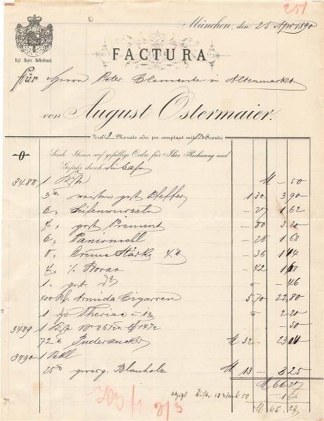 Alte Rechnung,"August Ostermaier, München" 25.04.1890