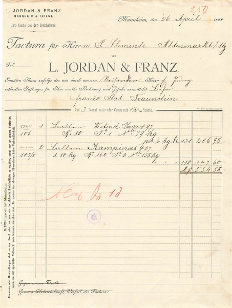 Alte Rechnung,"L. JORDAN & Franz, Mannhein" 26.04.1890