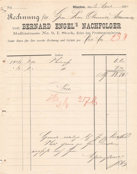 Alte Rechnung,"Berhard Engel's Nachfolger, München" 20.04.1890