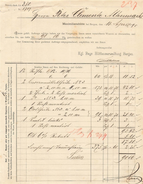 Alte Rechnung,"Kgl. Bayr. Hüttenverwaltung Bergen, Maximilianshütte" 18.04.1890