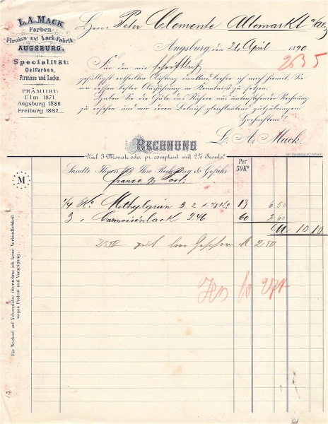 Alte Rechnung,"L.A. Mack, Augsburg" 21.04.1890