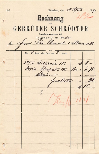 Alte Rechnung,"Gebrüder Schrödter, München" 14.04.1890
