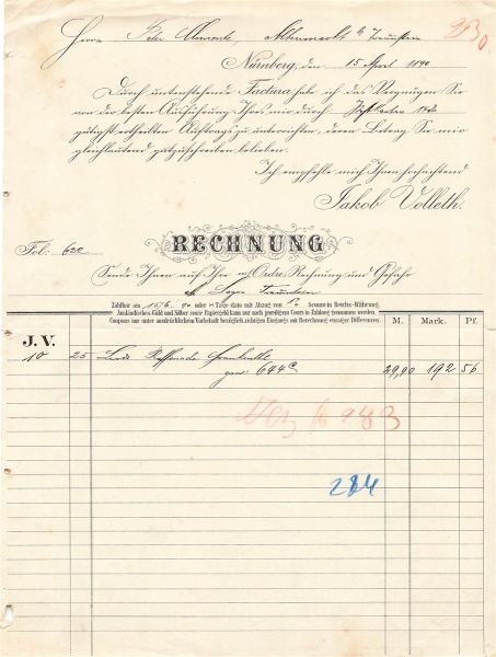 Alte Rechnung,"Jakob Volleth, Nürnberg" 15.04.1890