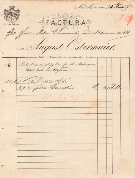 Alte Rechnung,"August Ostermaier, München" 20.04.1890