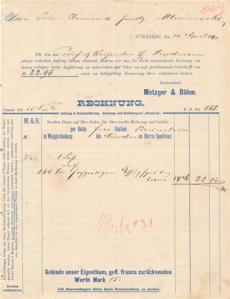 Alte Rechnung,"Metzger & Böhm, München" 14.04.1890
