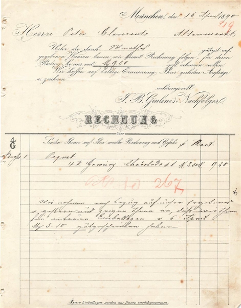 Alte Rechnung,"F.B.Giulini's Nachfolger, München" 16.04.1890