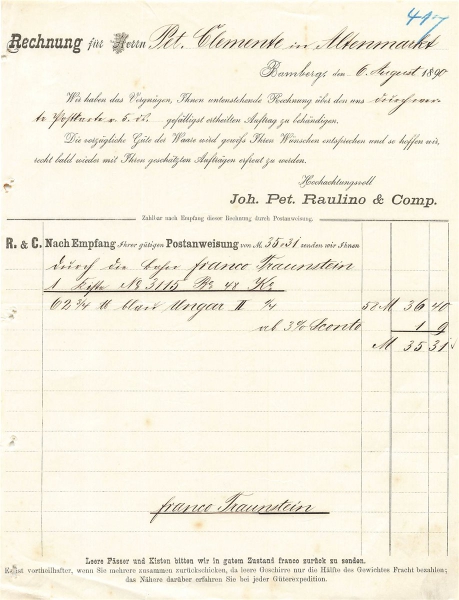 Alte Rechnung,"Joh. Pet. Raulino & Comp., Bamberg" 06.08.1890