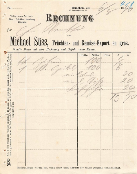 Alte Rechnung,"Michael Süss, München" 06.08.1890