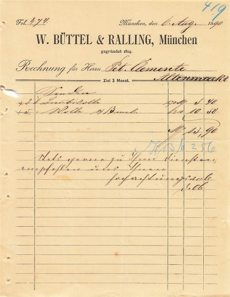 Alte Rechnung,"W.BÜTTEL & RALLING, München" 06.08.1890
