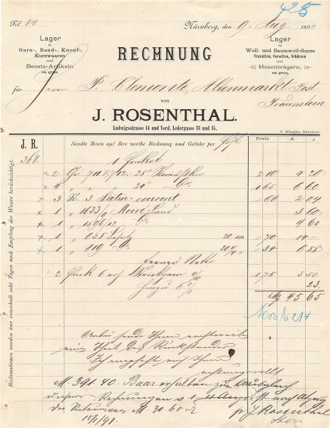 Alte Rechnung,"J. ROSENTHAL, Nürnberg" 09.08.1890