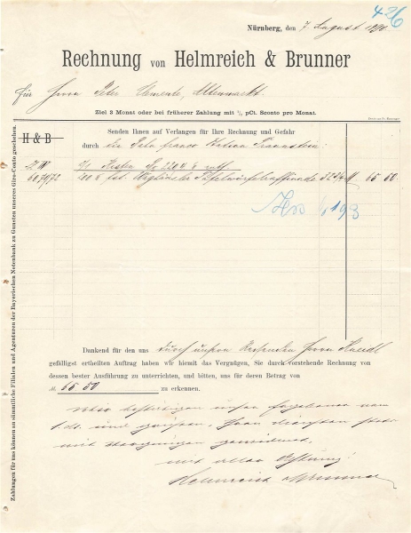 Alte Rechnung,"Helmreich & Brunner, Nürnberg" 07.08.1890