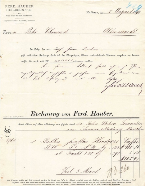 Alte Rechnung,"FERD. HAUBER, Heilbrunn" 08.08.1890