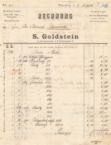 Alte Rechnung,"S. Goldstein, Nürnberg" 07.08.1890