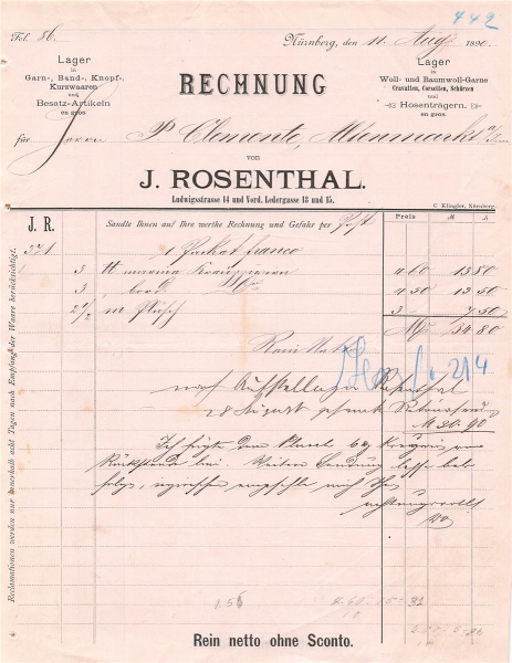 Alte Rechnung,"J.Rosenthal, Nürnberg" 14.08.1890