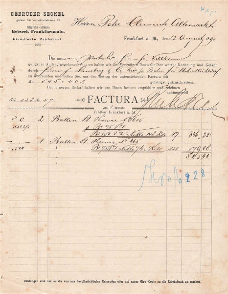 Alte Rechnung,"GEBRÜDER SECKEL, Frankfurt" 13.08.1890
