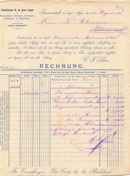 Alte Rechnung,"C.F.Scheer, Immenstadt i.B." 18.08.1890