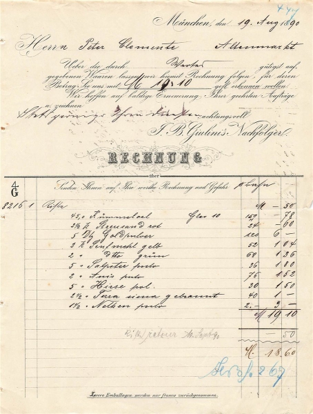 Alte Rechnung,"F.B.Giulini's Nachfolger, München" 19.08.1890