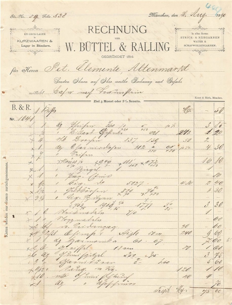 Alte Rechnung,"W.BÜTTEL & RALLING, München" 20.08.1890