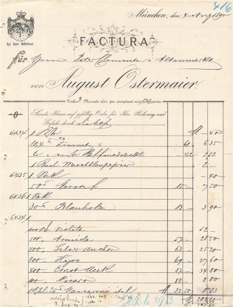 Alte Rechnung,"August Ostermaier, München" 04.08.1890