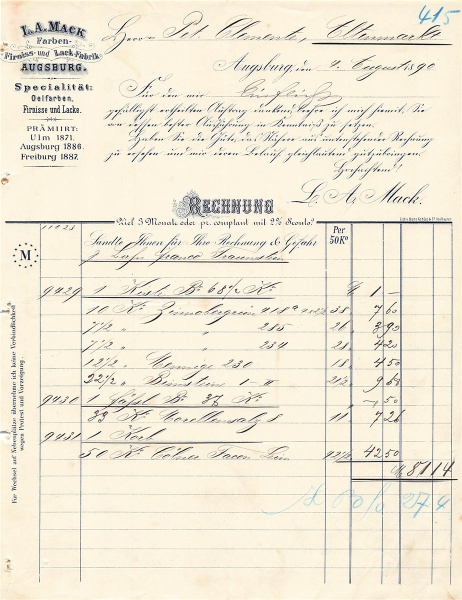 Alte Rechnung,"L.A. Mack, Augsburg" 04.08.1890