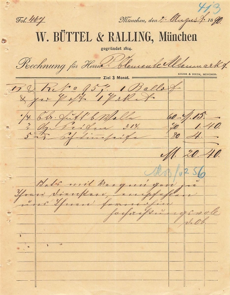 Alte Rechnung,"W.BÜTTEL & RALLING, München" 02.08.1890