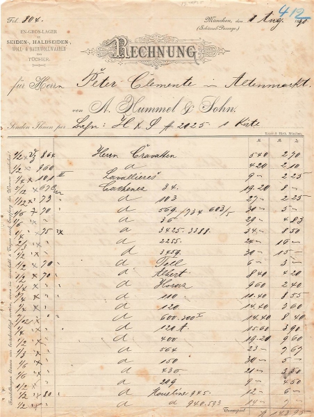 Alte Rechnung,"A.Hummel & Sohn, München" 01.08.1890